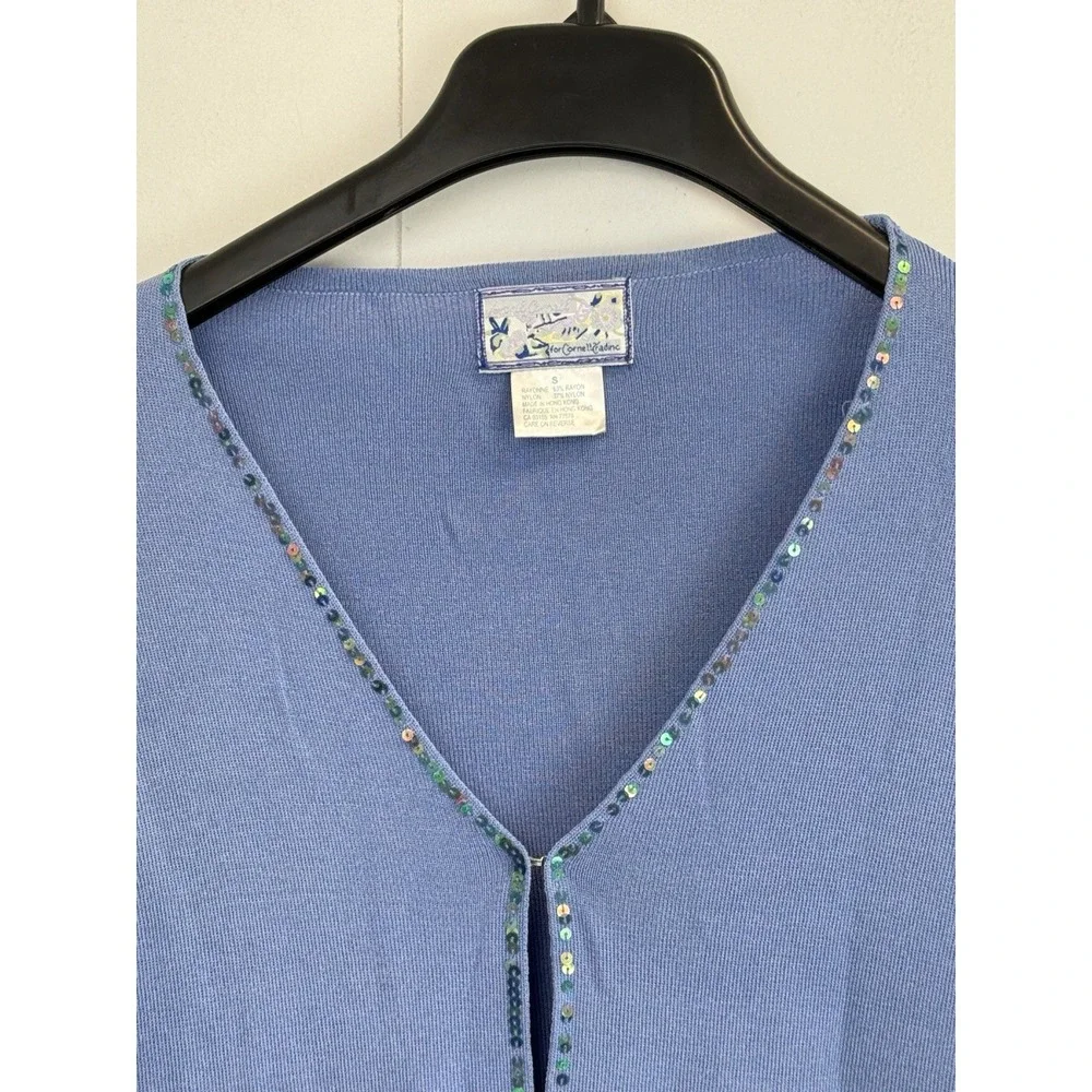 April Cornell‎ Retro Cardigan Embroidered Sequin Trim Sweater Women's S Blue